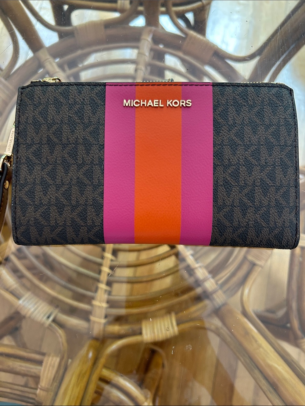 Michael Kors Monogram Zip Wallet with Magenta and Orange Center Stripe